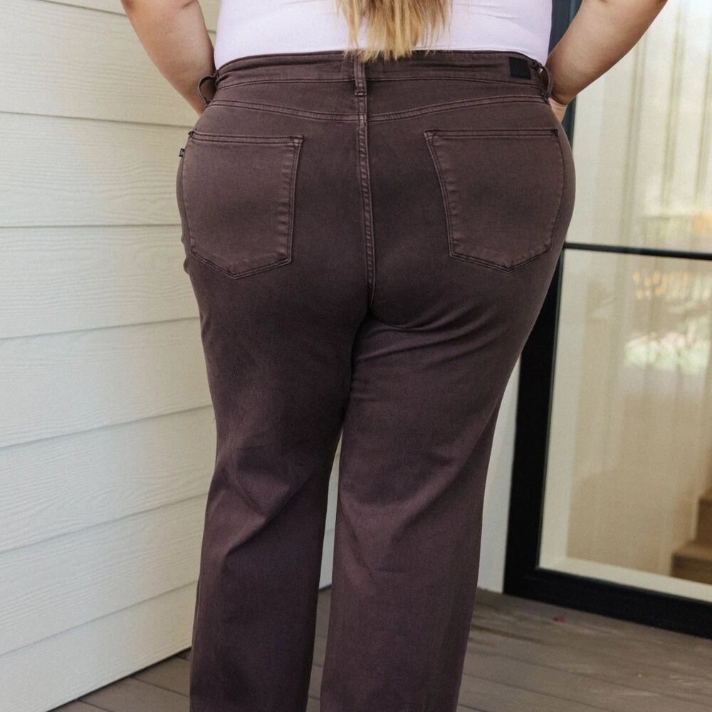 SYBIL HIGH RISE FRAYED HEM 90'S STRAIGHT JEANS IN BROWN - Picture 3 of 6